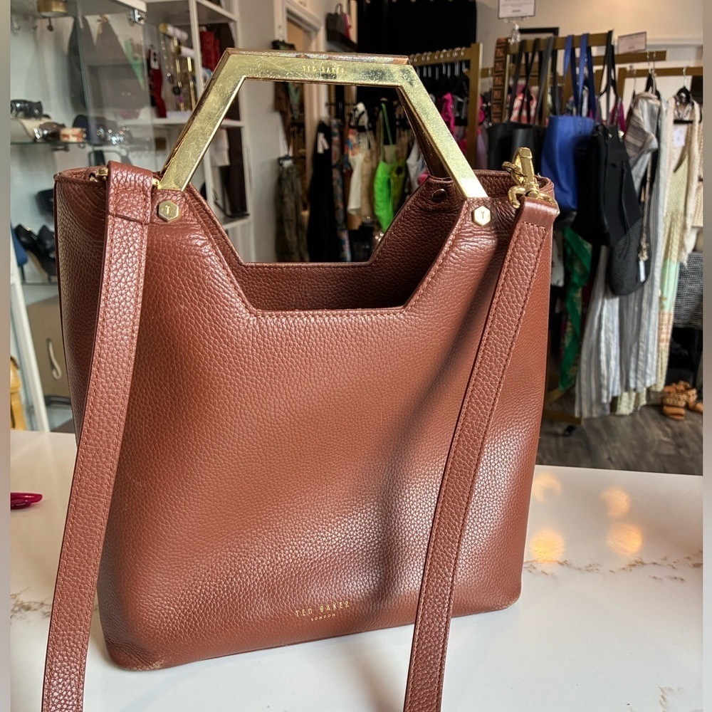 Ted Baker Layah Hexagon Brown Leather Satchel Bag With Gold Handles